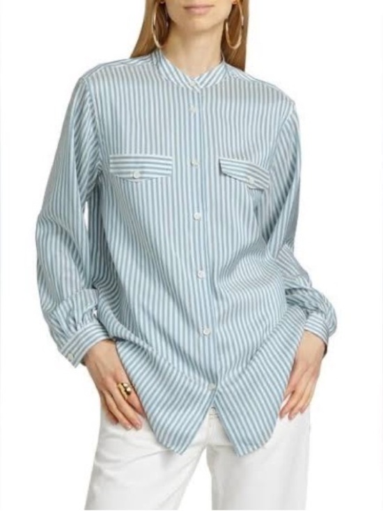 Frame Tops - FRAME Femme Pocket Striped Silk Shirt in Sky Blue/White